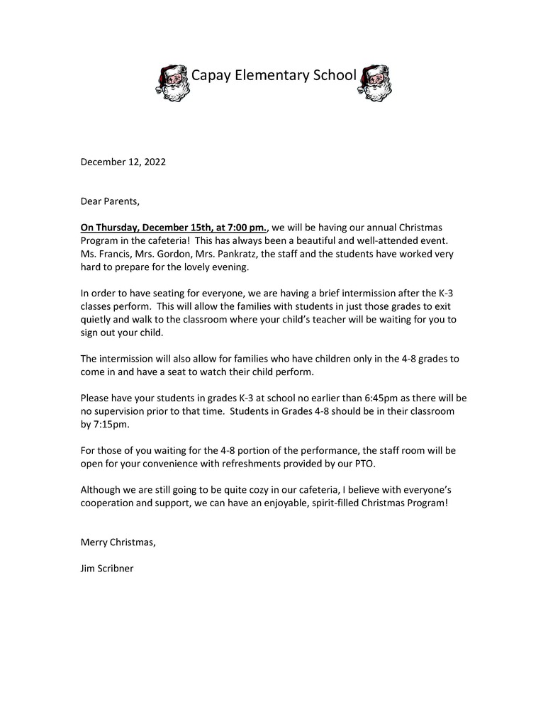 Christmas Program letter to families