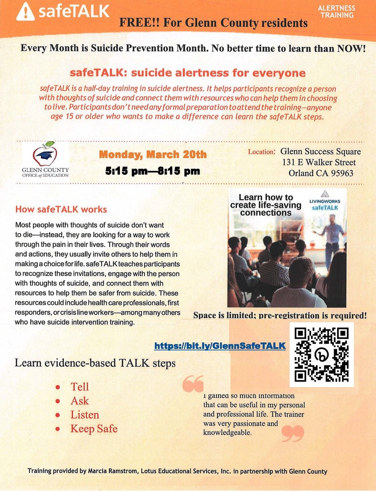Pre-register for safeTALK with Glen County Office of Education