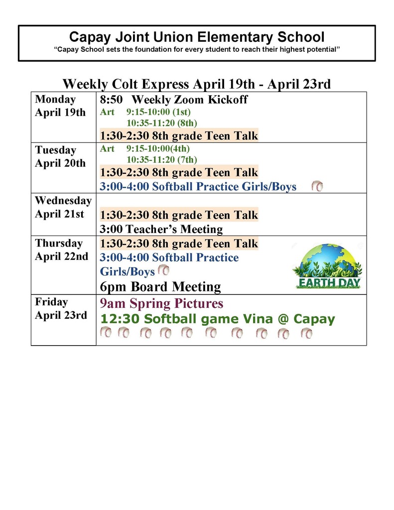 Weekly Colt Express April  19th- 23rd