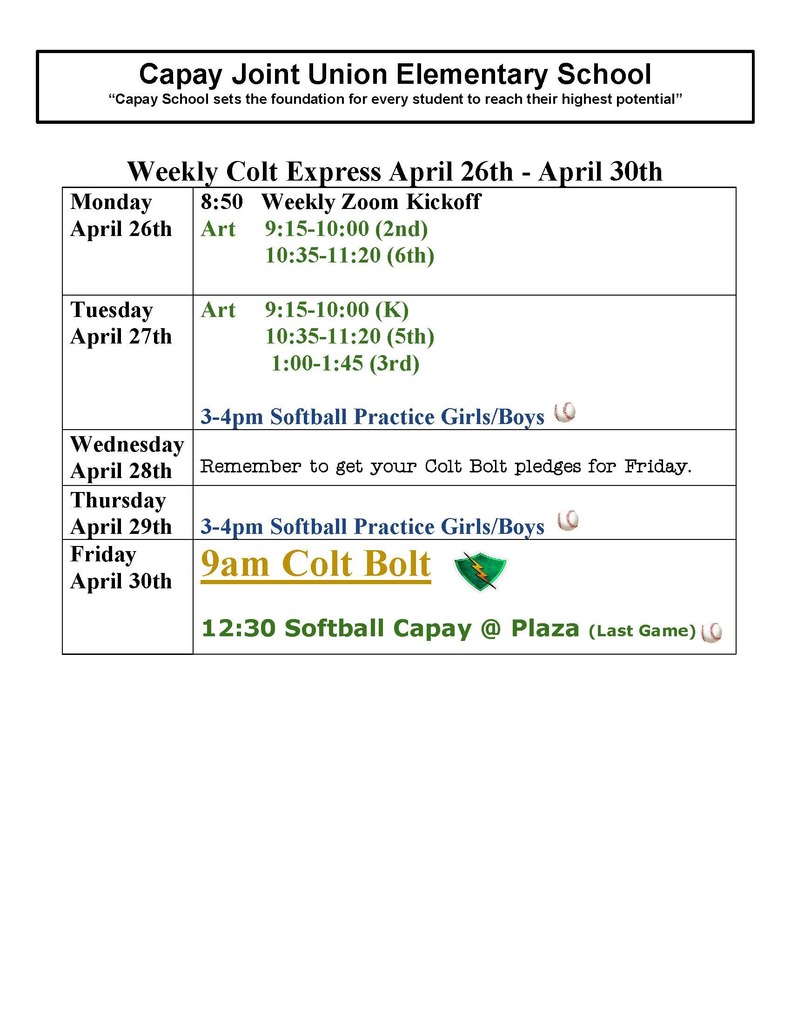 Weekly Colt Express April 26th - April 30th