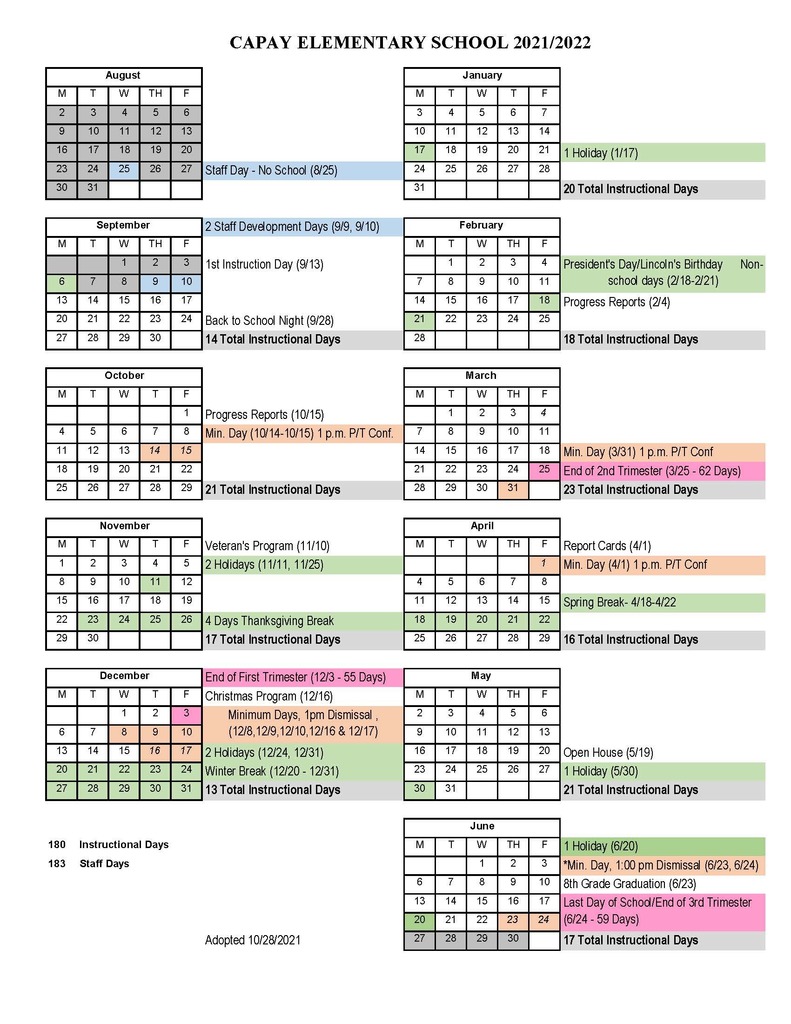 2021-2022 Capay School Calendar
