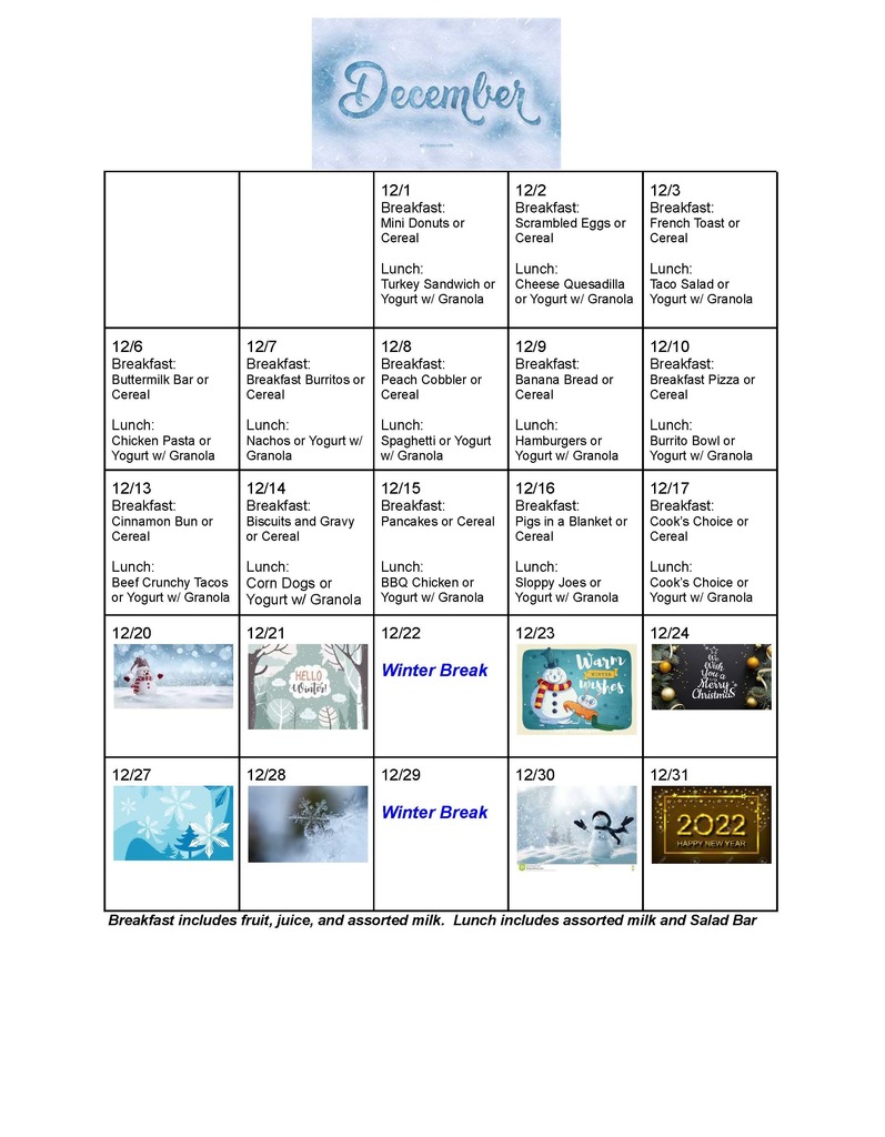 December Lunch Menu 2021